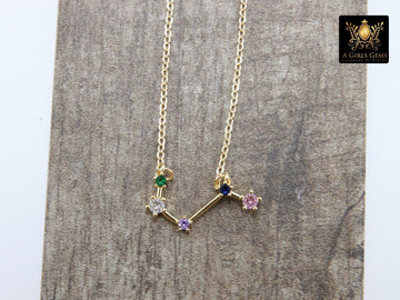 Aries Horoscope Necklace, 14 k Gold Zodiac Sign Constellation Choker, Clear, Multi Color CZ Diamonds - A Girls Gems